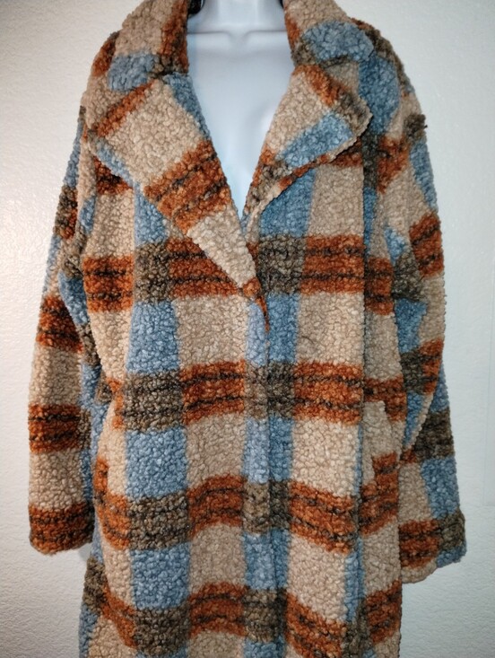 Fashion Nova Jackets & Blazers - Cozy Plaid Sherpa Long Coat Plaid Blue, Tan & Brown Pockets sz XL